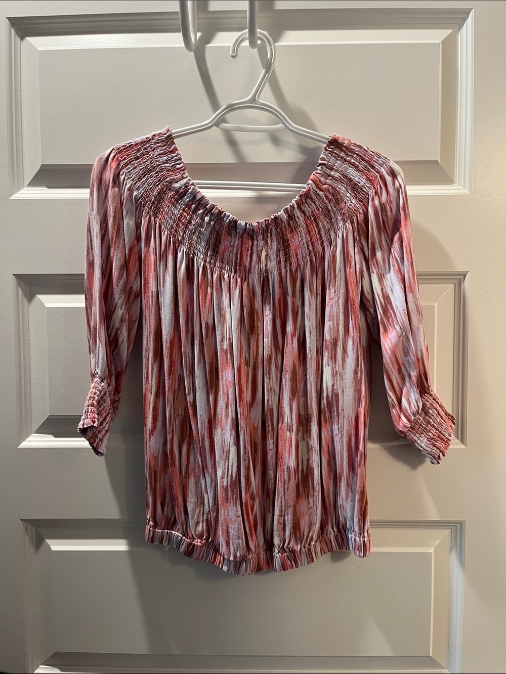 Smocked Off-Shoulder Brushstroke Blouse in Coral and White